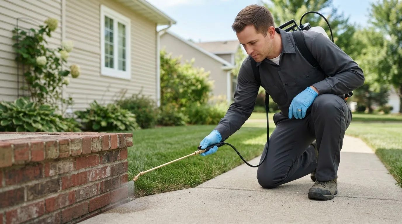 Pest control technician treating a home near Pine Bluffs, WY